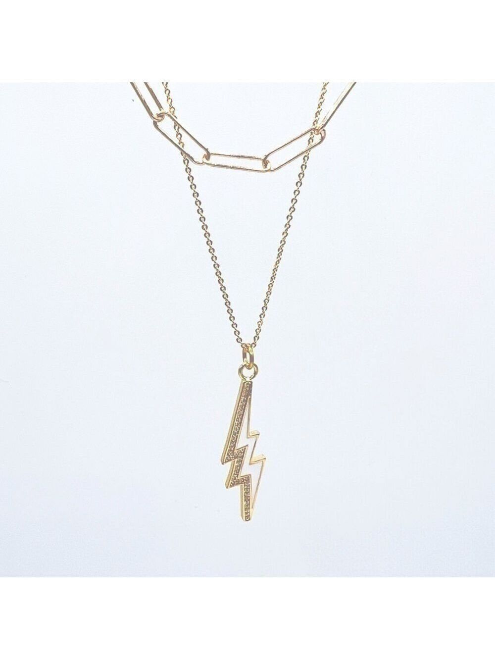 Gold filled paperclip and rolo chains with white enamel lightening bolt